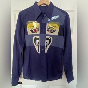 Miu Miu SS05 navy blue robot face design long sleeve shirt with plastic appliqué